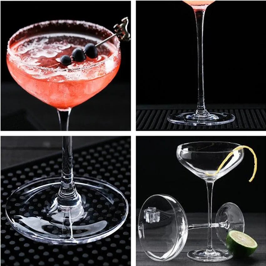 Montage de quatre photos du verre à cocktail coupe vide et rempli, montrant son pied, sa base et son design sous différents angles.