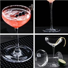 Montage de quatre photos du verre à cocktail coupe vide et rempli, montrant son pied, sa base et son design sous différents angles.