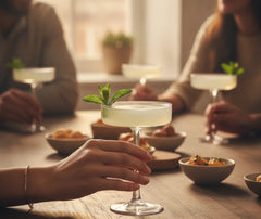 Plusieurs verres à cocktail coupe plate remplis d'un cocktail jaune pâle garni de menthe, partagés entre amis autour d'une table avec des bols d'apéritif.