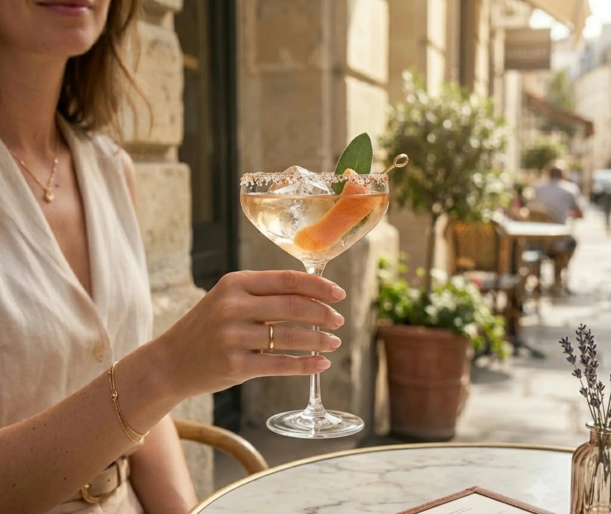Une main tient un verre à cocktail coupe garni d'un zeste de pamplemousse et d'une feuille de sauge, sur une terrasse ensoleillée.