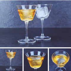 Planche de détails montrant deux verres à cocktail coupe vintage avec cocktail ambré et glaçon, accompagnée de trois gros plans sur le verre et le glaçon.