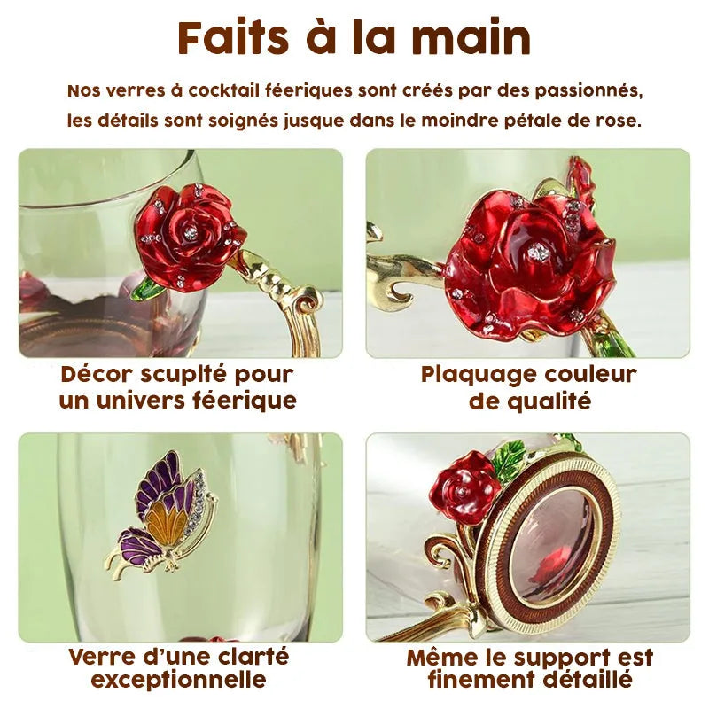Collage présentant la fabrication artisanale du verre à cocktail féerique rouge : rose sculptée, papillon décoratif, clarté du verre et finition du support