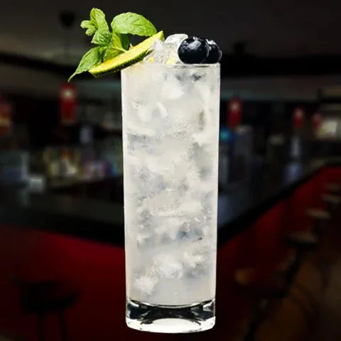 Verre à cocktail long drink avec glaçons, menthe fraîche, citron vert et myrtilles dans une ambiance de bar nocturne