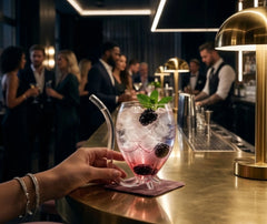 Verre à cocktail avec paille garni de mûres et de menthe fraîche, posé sur un bar dans une ambiance de soirée festive