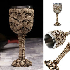 Collage montrant le verre à cocktail Tête de Mort sous plusieurs angles : ambiance sombre, packshot, bord intérieur en inox et pied sculpté
