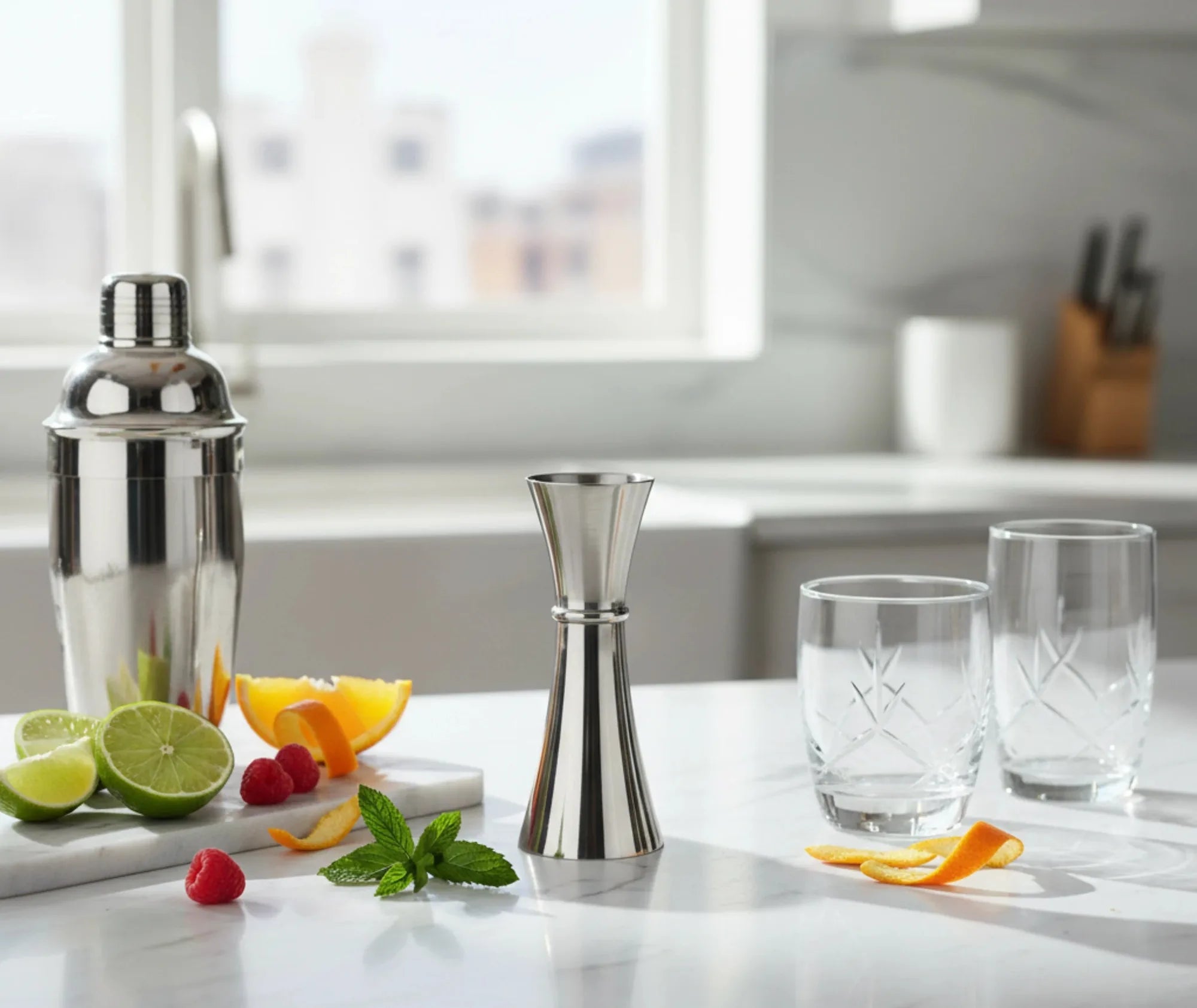 Verre doseur à cocktail posé sur un plan de travail en marbre, entouré d'un shaker, de citrons verts, d'oranges, de framboises et de menthe fraîche.