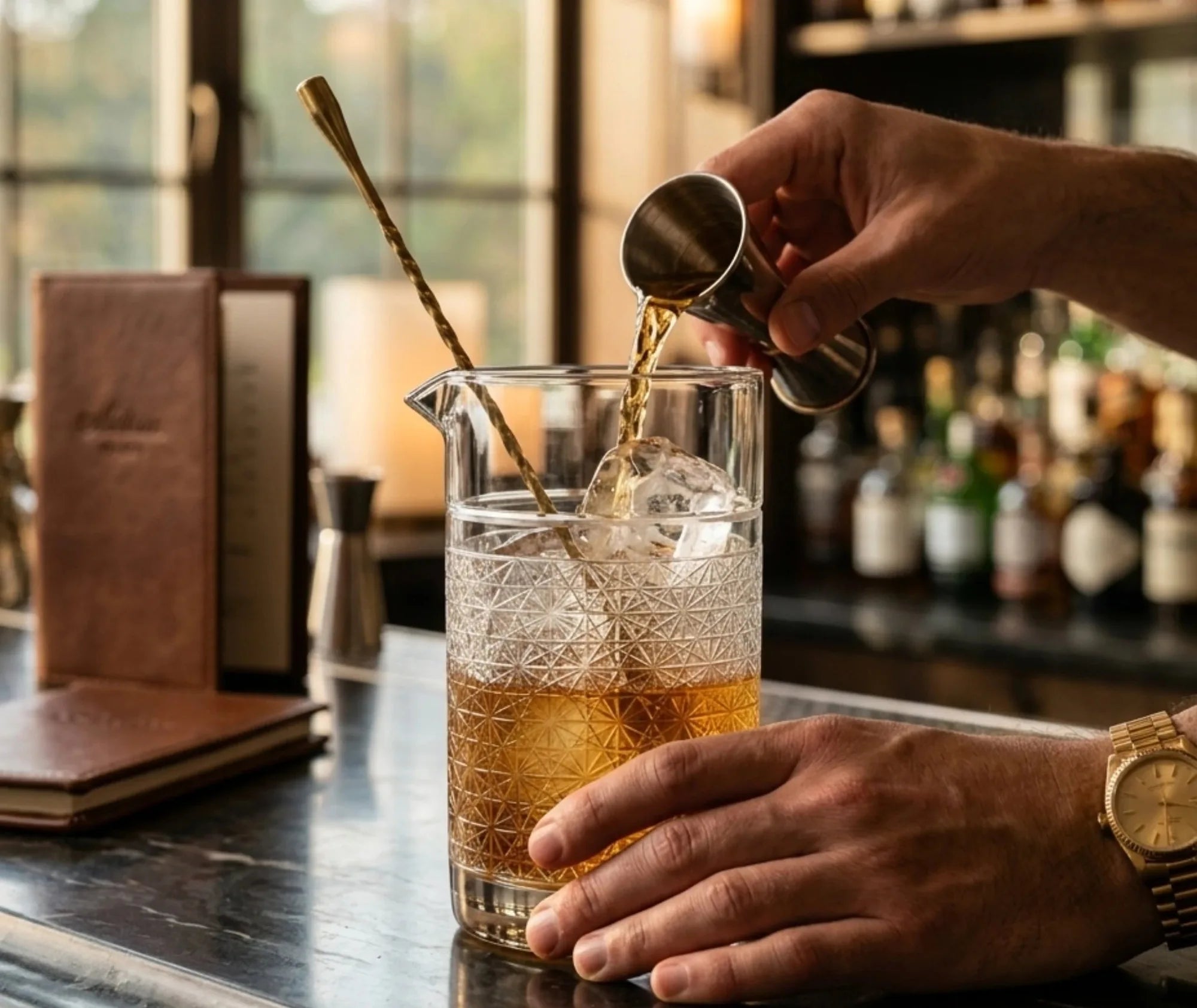 Barman versant une mesure de spiritueux ambré dans un verre à mélange rempli de glaçons, cuillère à mélange dorée, comptoir de bar en arrière-plan.