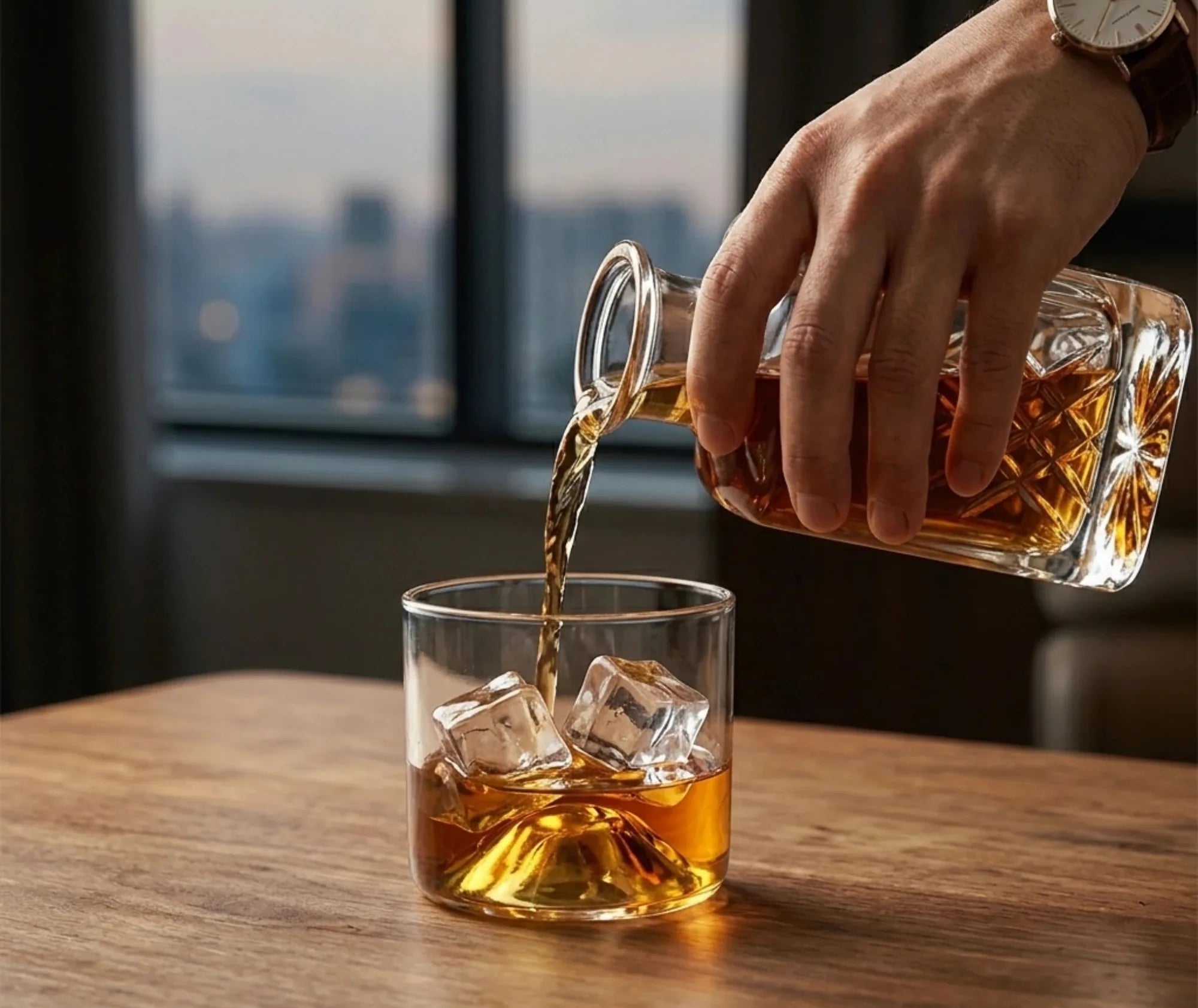 Whisky versé depuis une carafe en cristal dans le verre à socle en bois rempli de glaçons