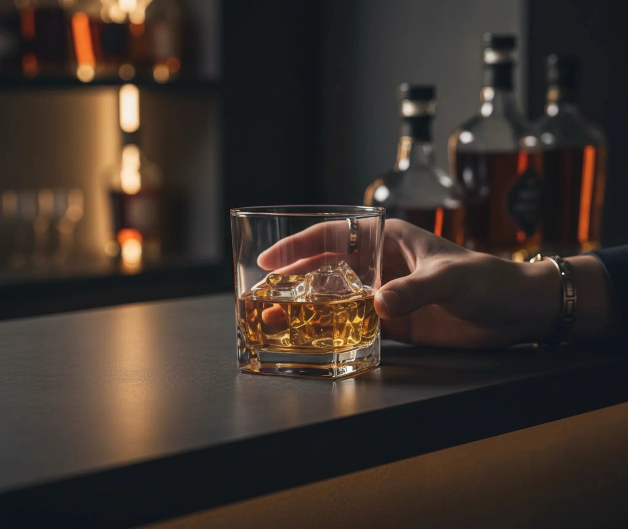 Main saisissant un verre à whisky fond épais posé sur un comptoir de bar sombre, bouteilles de spiritueux en arrière-plan