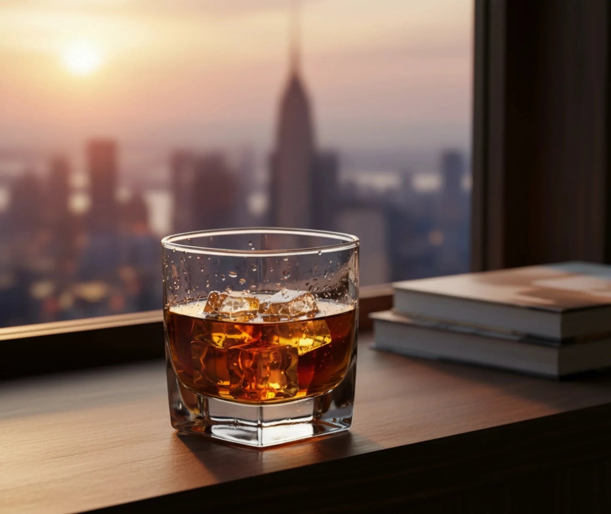 Verre à whisky fond épais rempli de glaçons, posé sur une table en bois avec vue sur les toits de la ville au coucher du soleil