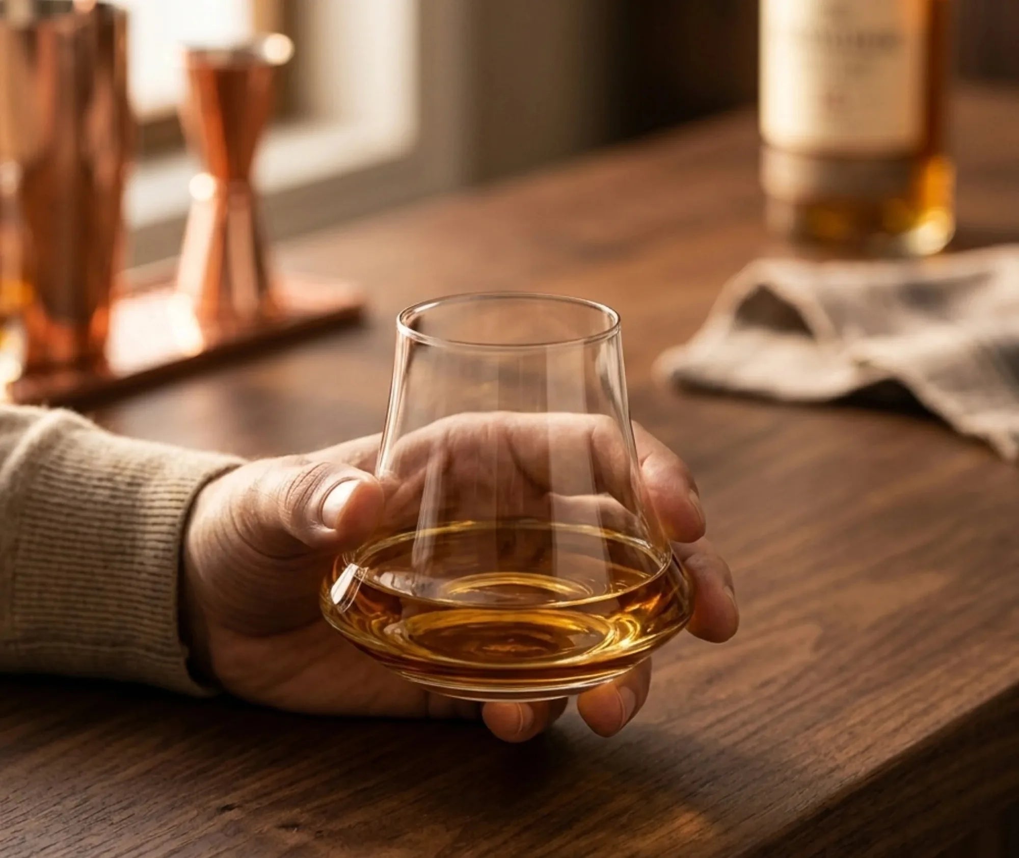 Main tenant le verre à whisky tulipe moderne rempli, dans une ambiance de bar en bois avec doseur en cuivre et bouteilles en arrière-plan.