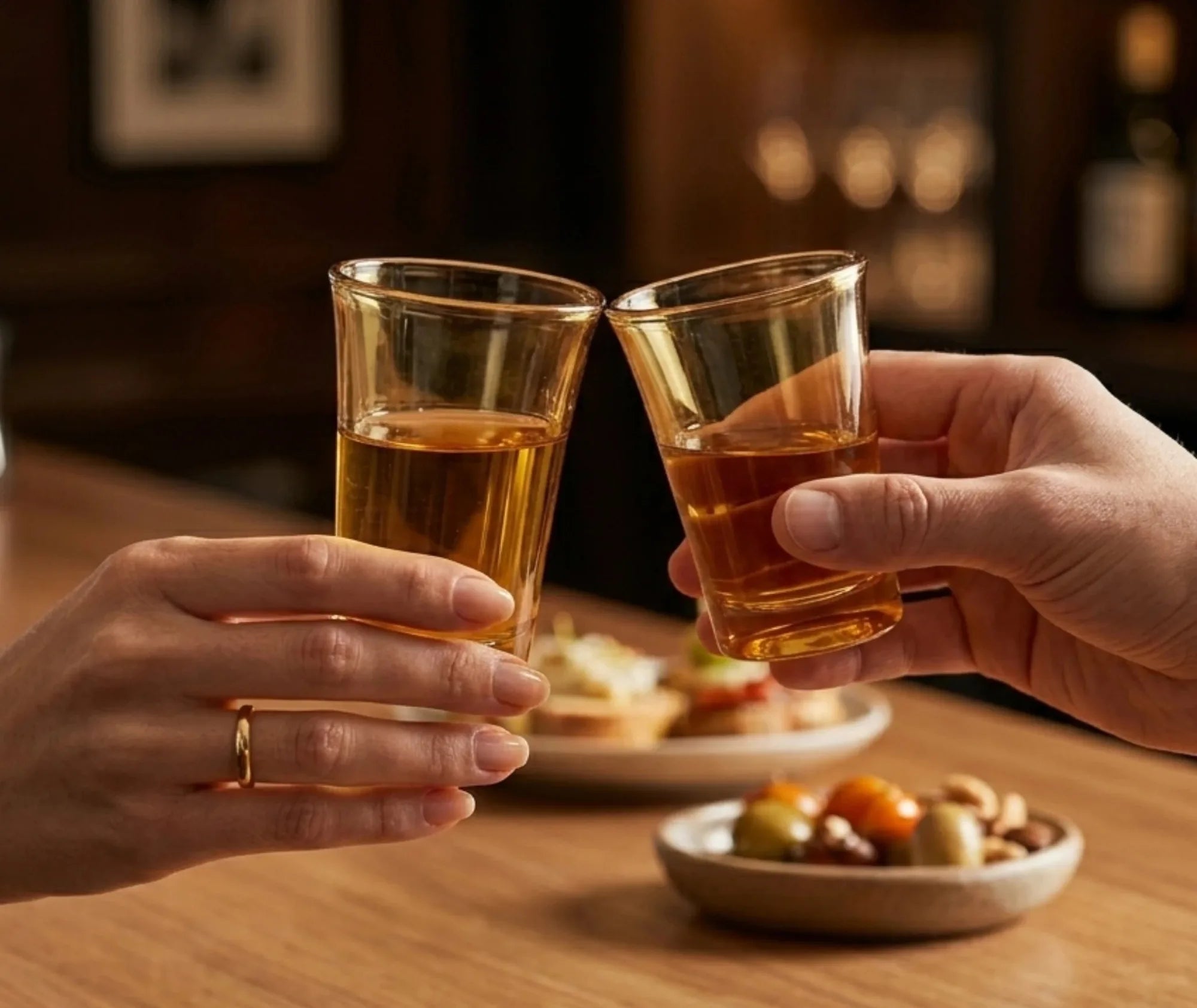 Deux personnes trinquent avec des verres à shot remplis d'alcool ambré dans un bar chaleureux.