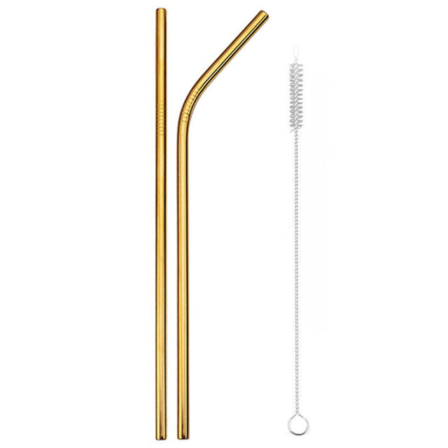 2 Pailles Cocktail Courbee et Droite Dorees