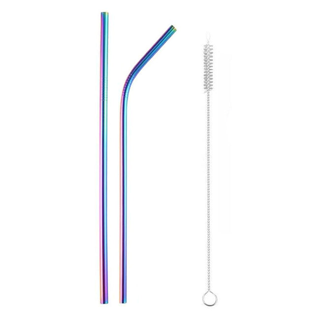 2 Pailles en Acier Inoxydable Courbee et Droite