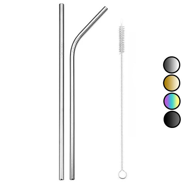 2 Pailles en Acier Inoxydable Courbee et Droite