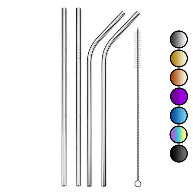 4 Pailles en Acier Inoxydable Courbées et Droites