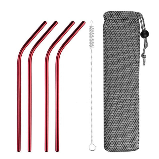 4 Pailles en Acier Inoxydable Courbees