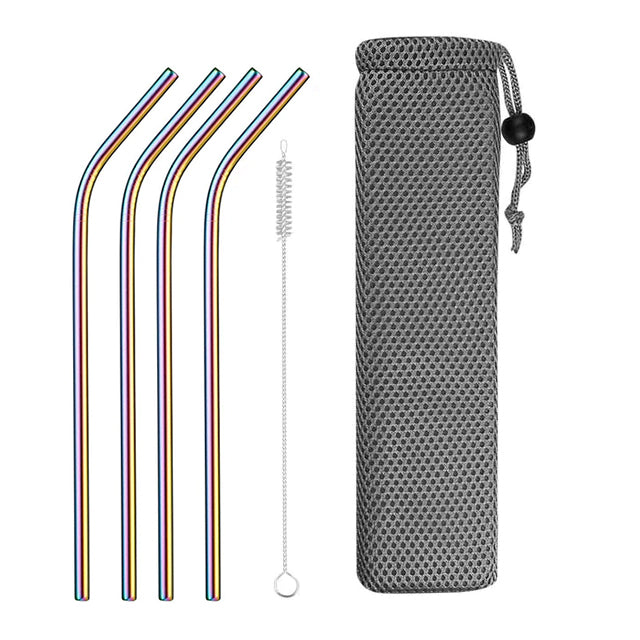 4 Pailles en Acier Inoxydable Courbees