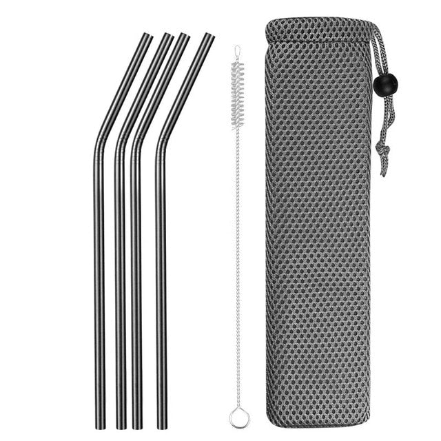 4 Pailles en Acier Inoxydable Courbees