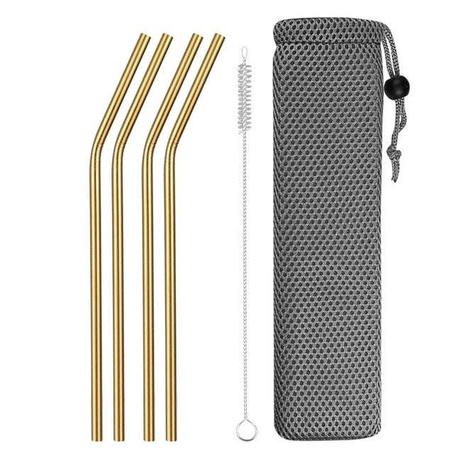 4 Pailles en Acier Inoxydable Courbees
