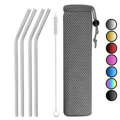 4 Pailles en Acier Inoxydable Courbees
