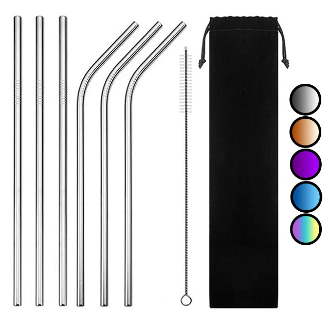 6 Pailles en Acier Inoxydable Courbées et Droites